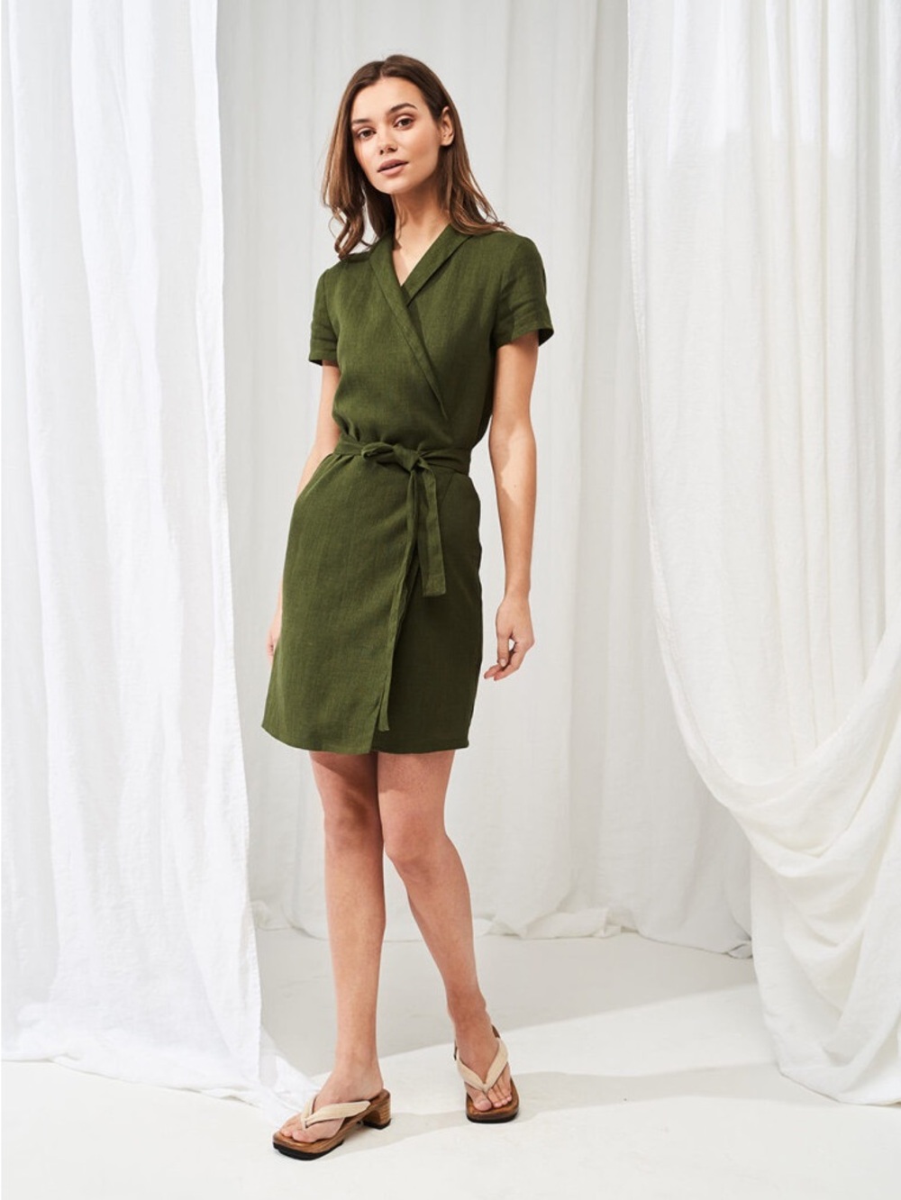 NWT Linen Handmade Studio Size 2 Forest Green Safari Wrap Mini Dress 100% Linen